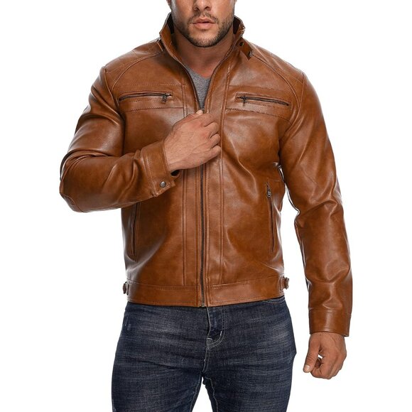 Men's Brown Stand Collar Faux Leather Bomber Motorcycle Jacket with Zipper - Picture 2 of 7